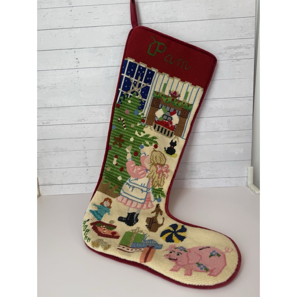 Vintage Handmade Needlepoint Christmas Stocking "PAM" Toys Pig Velvet Back 22"